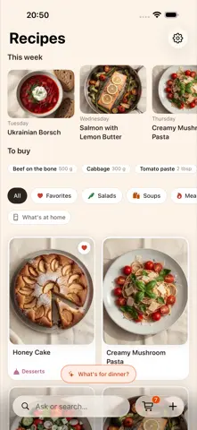Screenshot of the Fridge.Menu home screen showing a collection of saved recipes with photos and titles