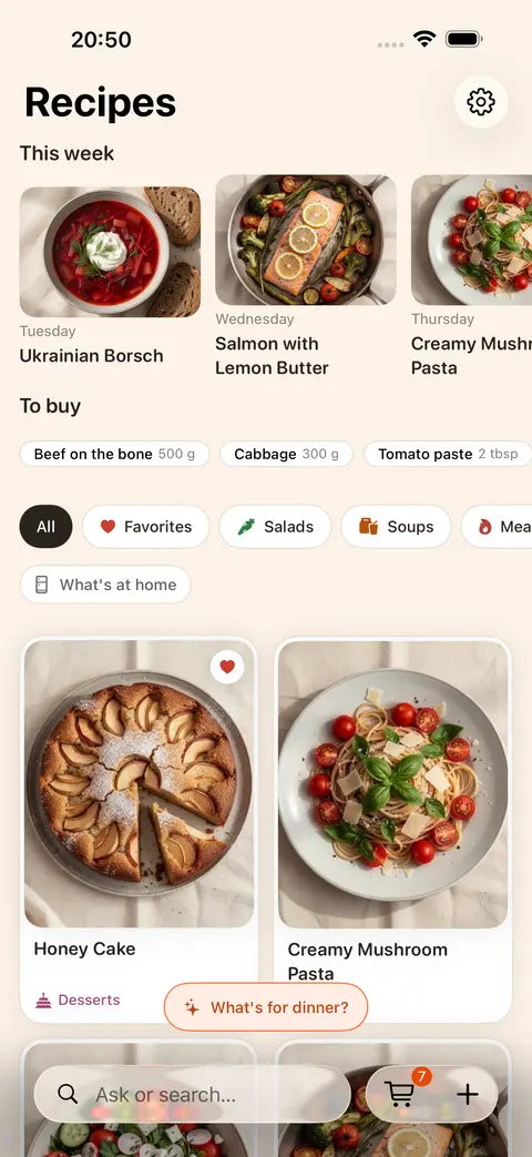 Fridge.Menu home screen with a recipe collection