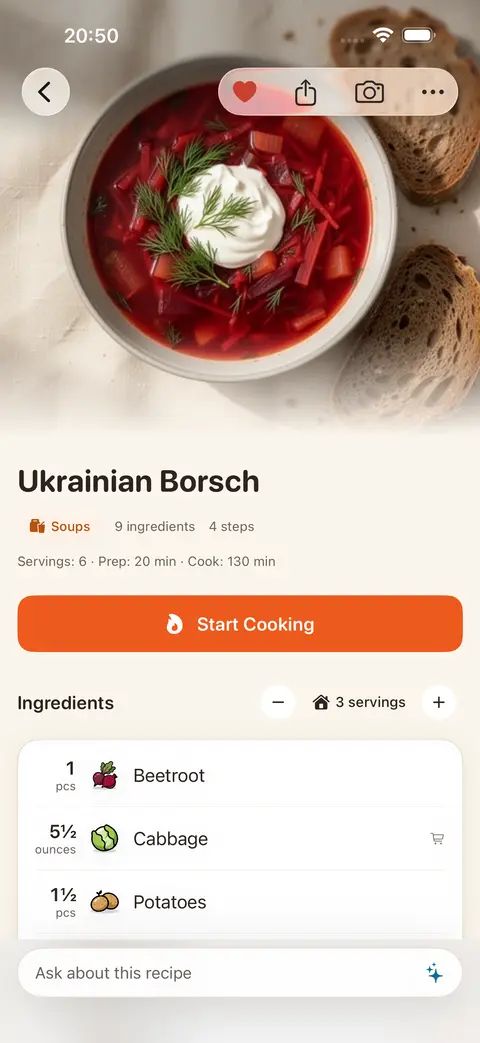 A recipe open in Fridge.Menu with ingredients and steps