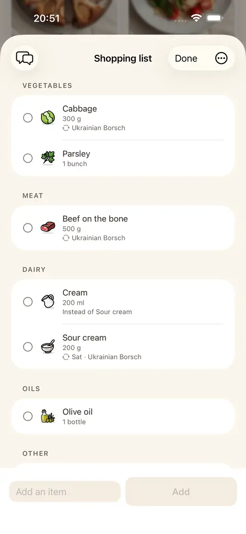 Fridge.Menu shopping list that fills itself from a recipe's missing ingredients